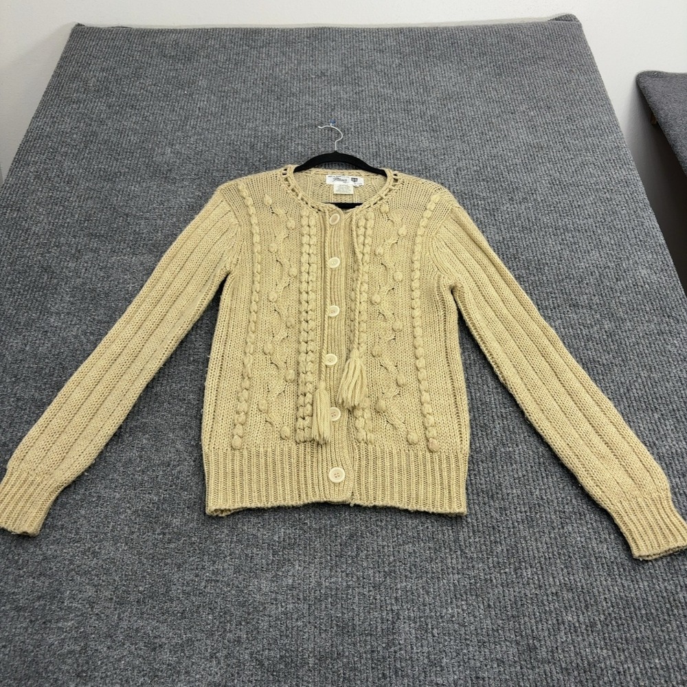 Vintage Filenes Cardigan Sweater Women M Tan Acrylic Cable Knit Tassels Retro